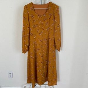 Vintage Yellow Floral Print Midi Dress, Long Sleeve Vacation Dress
